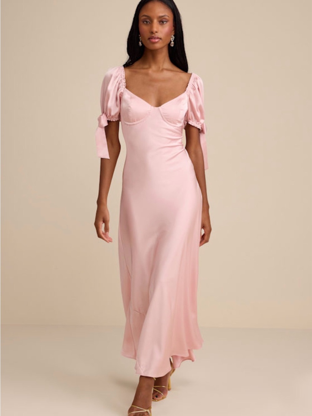 Lulus Santa Marta Blush Pink Satin Puff Sleeve Bow Maxi Dress XS NWT